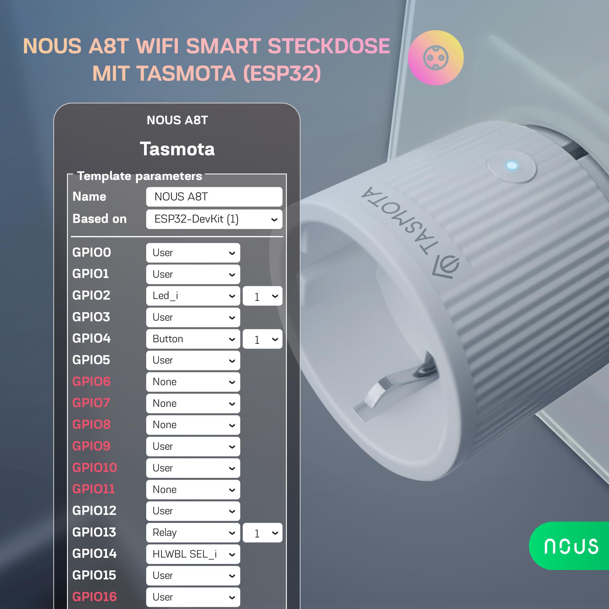 Tasmota Prise NOUS A8T, la plus petite prise Wi-Fi ESP32, mini prise Wi-Fi 10 A avec consommation d'énergie, minuterie, compatible avec Matter, Alexa, Google Home, Assistant, MQTT, 2,4 G