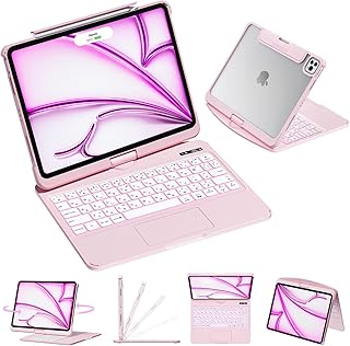 ifacemall 2025新登場 キーボードケース 日本語配列 低遅延・高精度入力 360度回転式 バックライト付き ペンホルダー搭載 マジックキーボード Air 11インチ (M3/2025・M2/2024・Air4/5/6) Pro 11 (第1/2/3/4世代) 対応 (ピンク, iPad Air 13インチ(M3·2025 / M2·2024))