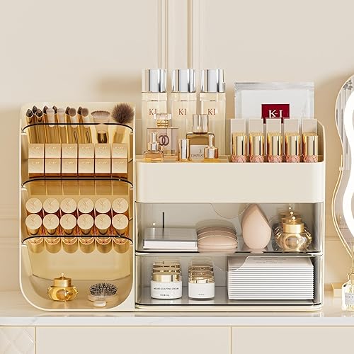 Miniatura 2 de Organizador de maquillaje con soporte para brochas para tocador, organizador de maquillaje de encimera con cajones, espaciosa vitrina de cosméticos,