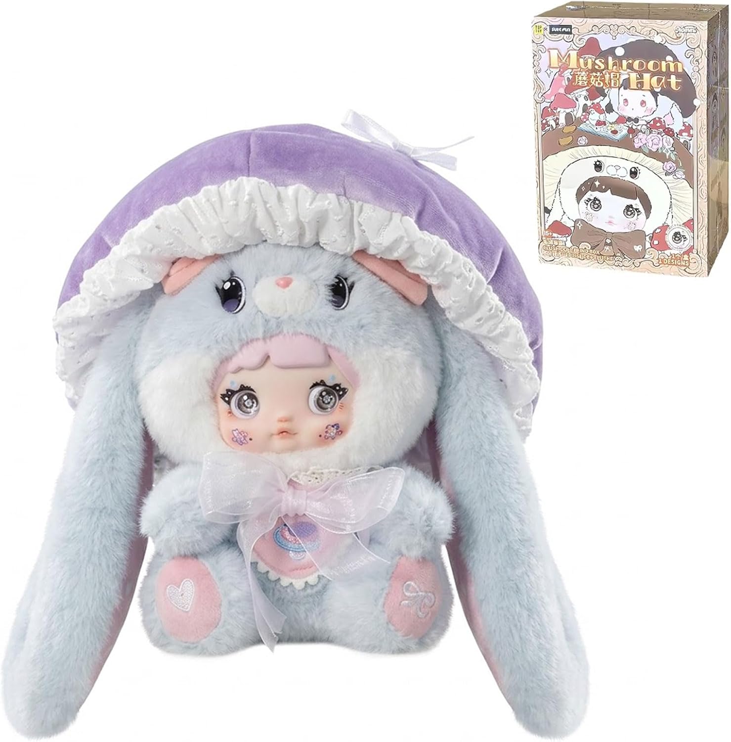 Nommi Blind Box Plush Figures, Cute Vinyl Blind Box Plush, Collectible Nommi 400% Mushroom Hat Series, Kawaii Action Figure Mystery Box for Surprise Gifts, Single Box (1 of 7 Possible Styles)