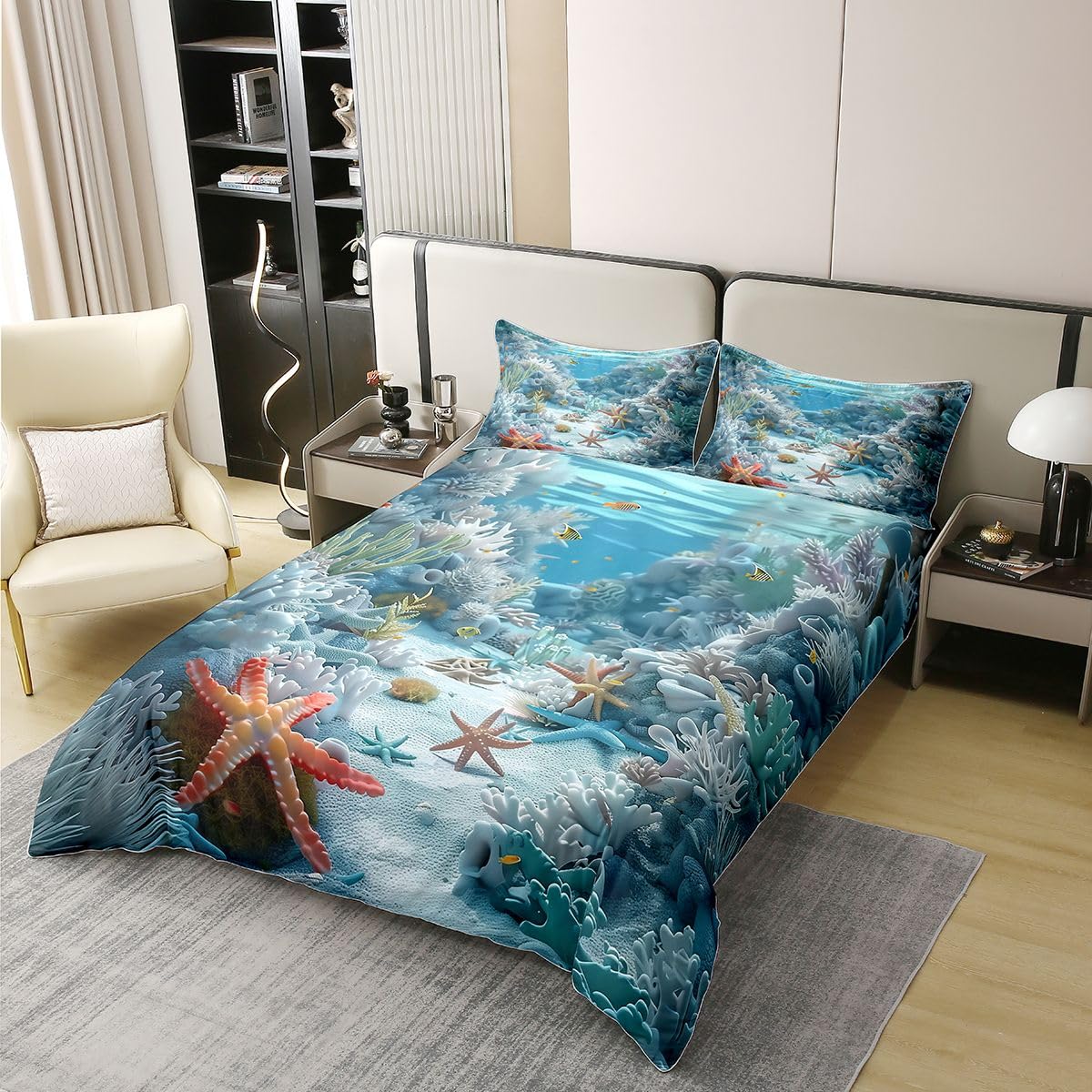 Homewish Coral Sealife Bettbezug 135x200 Baumwolle Meerestierdruck Bettwäsche Blau Ozeanfisch für Kinder Jungen Mädchen Bedding Unterwasser Meeresleben Bettwäsche Set Weich 2 teilig