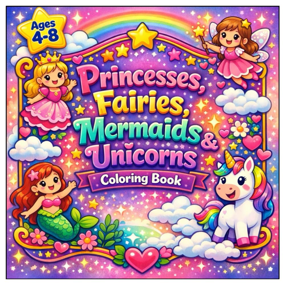 Princesses, Fairies, Mermaids & Unicorns Coloring Book: A Magical Fantasy Coloring Book for Kids Ages 4–8 Cute, Easy & Fun Relaxing Coloring Pages