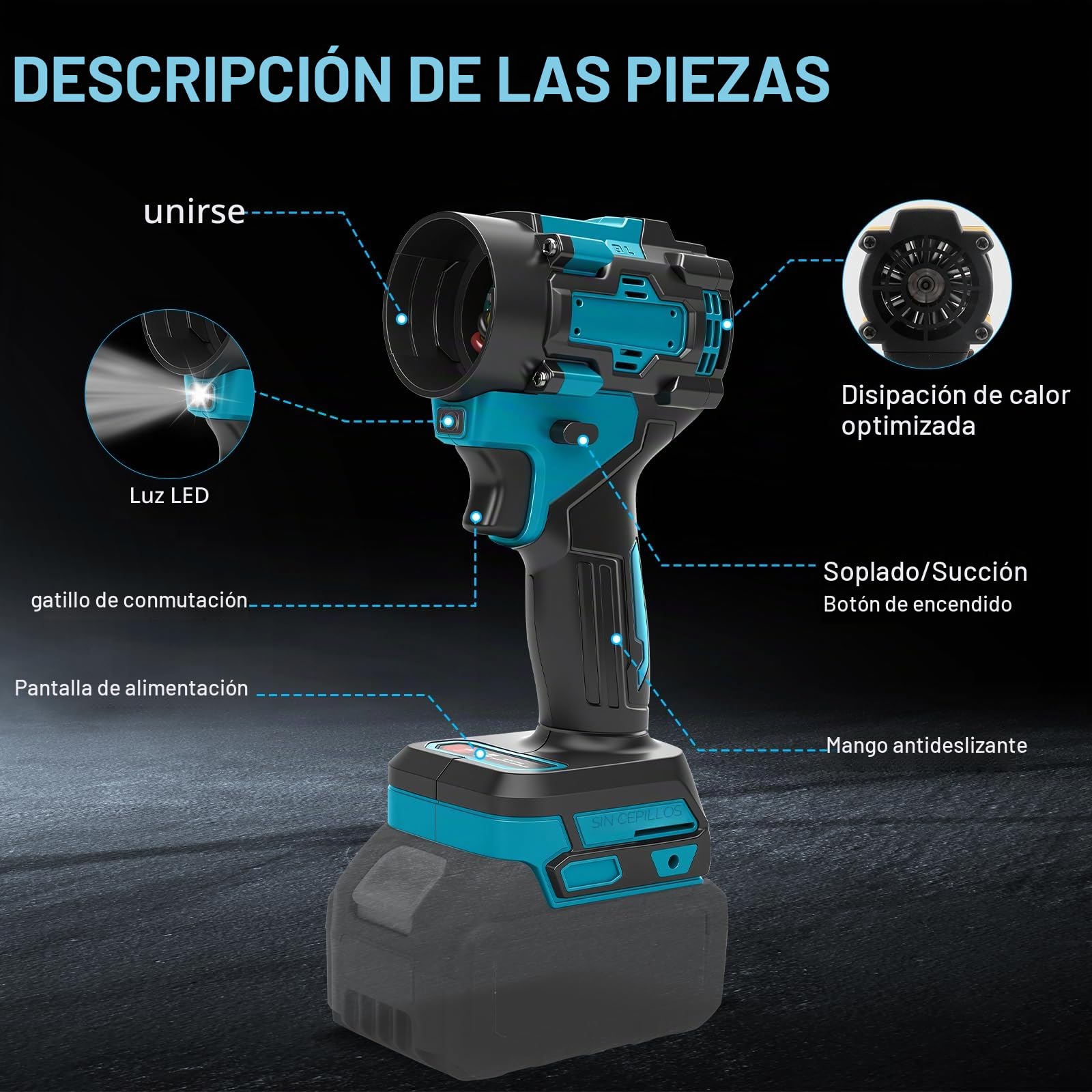 Soplador inalámbrico y aspiradora de mano 2 en 1 compatible con batería Makita de 18 V (sin batería), aspiradora de aire comprimido sin escobillas de 150 W, aspiradora portátil con 5 boquillas para