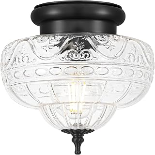 Vintage Ceiling Light - Matte Black Semi Flush Mount Ceiling Light for Hallway, Kitchen Lighting Fixtures Ceiling with Handblown Floral Glass, Light Fixture for Bedroom Closet Bathroom Entryway