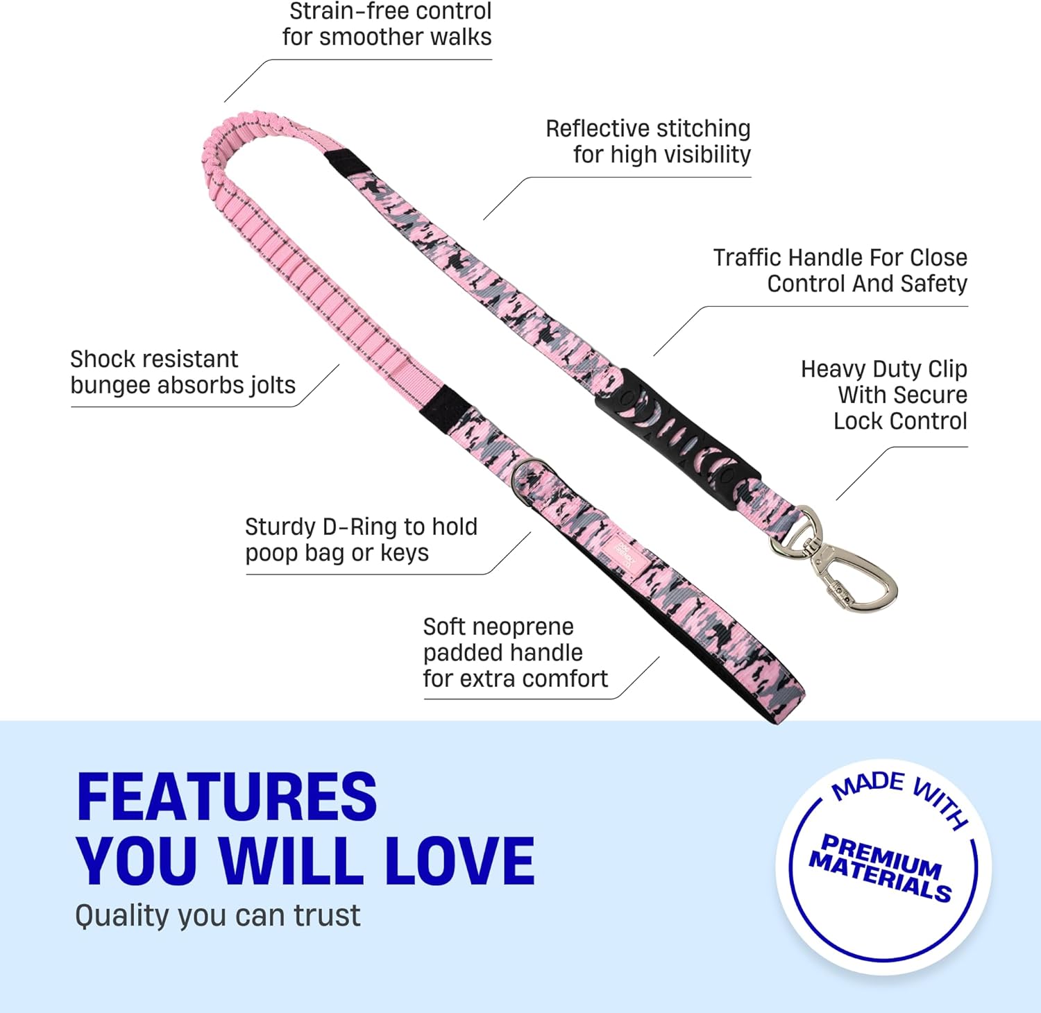 Dog Friendly Co. Bungee Dog Leash | Strain Free & Shock Resistant for Control | Neoprene Padded Handle, Heavy-Duty Carabiner Clip, and D-Ring | Pink Camo, Size Regular