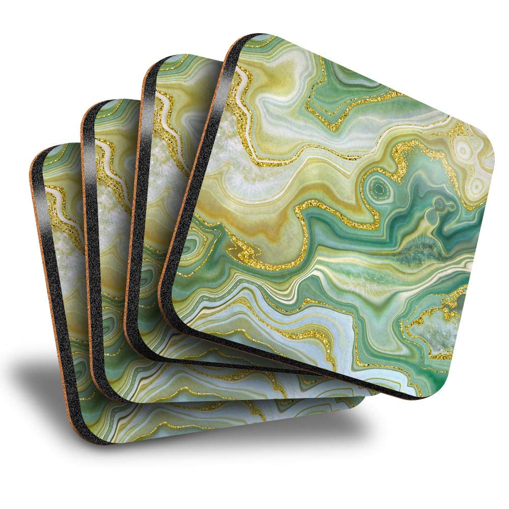 Destination Vinyl Ltd Multicolor Great Coasters (Set Of 4) Square - Green Jade Agate Marble Effect Drink Glossy Coasters/Tabletop Protection For Any Table Type #21516