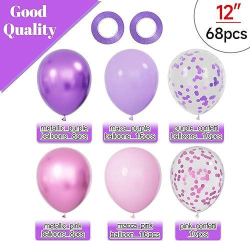 Miniatura 2 de 68 globos de color rosa y morado de 12 pulgadas, globos de látex metálicos morados y rosados, globos de confeti con cintas, globos de fiesta para