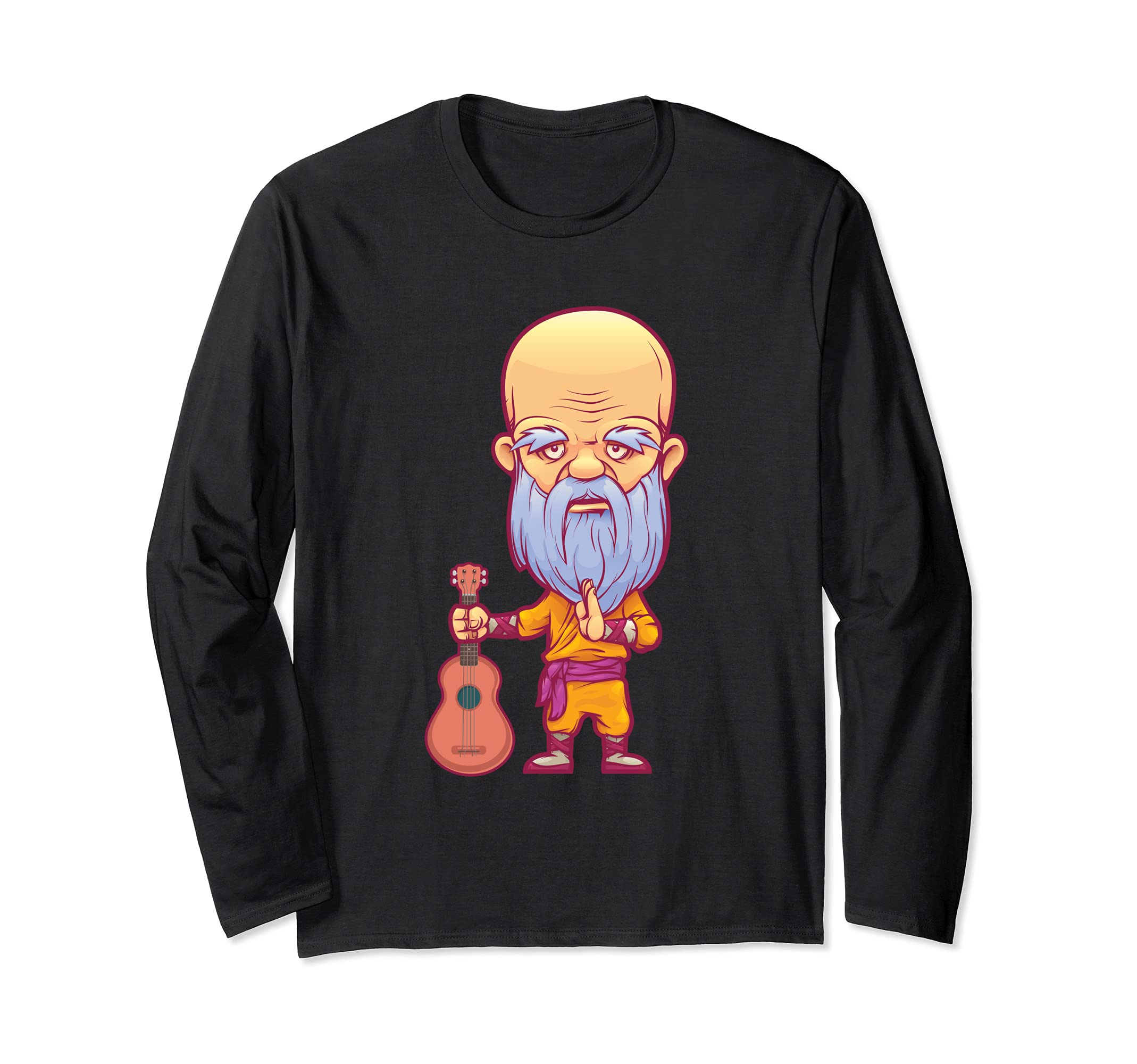 Monk Aloha Musician Hawaii Guitar Uke Hawaiian Acoustic Long Sleeve T-Shirt, Black