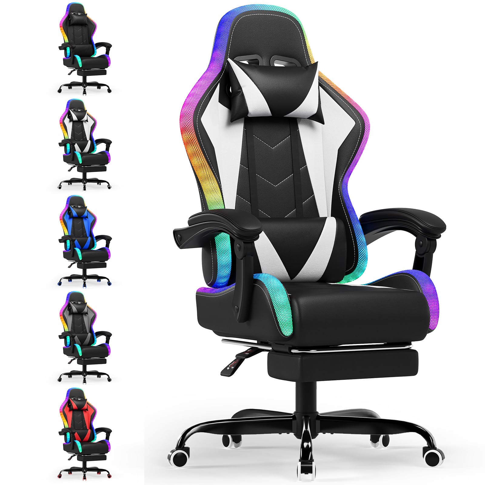 Devoko Silla Gaming con Masajeador y LED, Silla de Oficina Ergonómica con Reposapiés, Sillas Gaming para Oficina y Juegos con Iluminación RGB（Blanco）