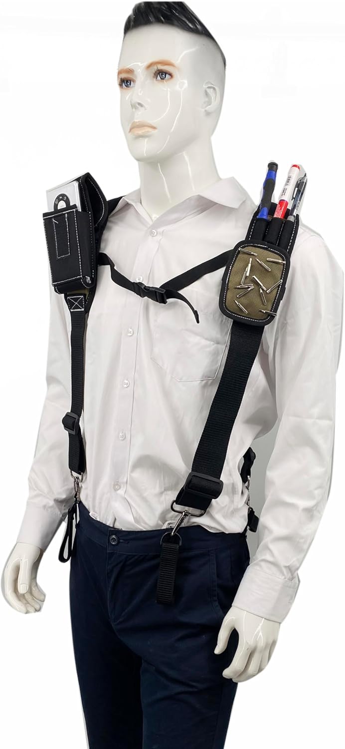 Tool Belt Suspenders for Work Belt Heavy Duty Padded with Magnetic WristBand Attachment Loops for Men (Khaki)