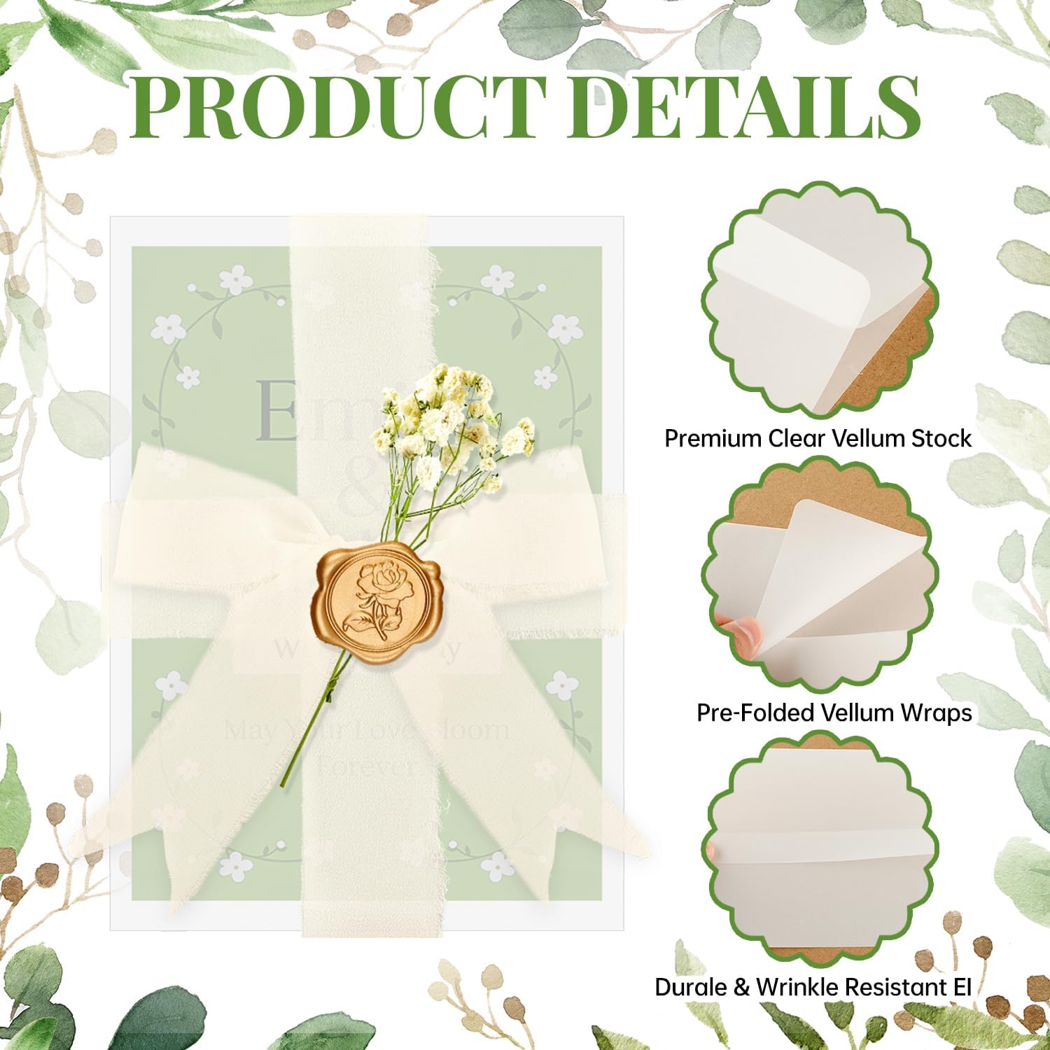 100Sets Wedding Invitations Wraps Set, Pre Folded Vellum Jackets for 5x7 Invitations with Self Adhesive Gold Wax Seal Stickers, Ribbon, White Dried Flowers, Wedding Invitation Kit for Bridal Craft DIY