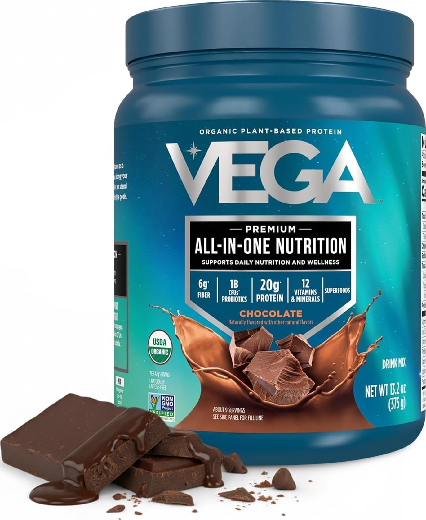 Vega All-in-One Nutrition Organic Vegan Protein Powder – Chocolate, 20g Protein Meal Replacement Shake – 13.2 oz (9 Servings)