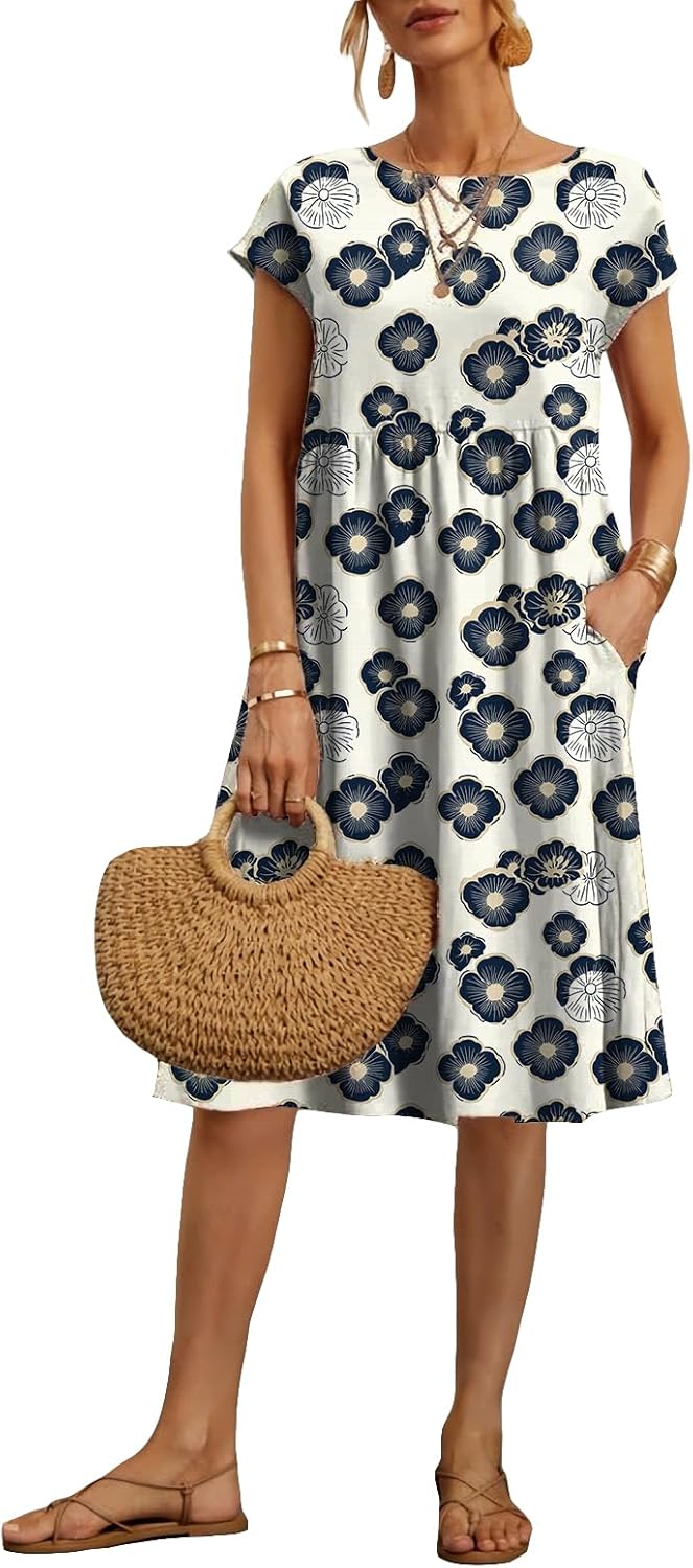 Floral Dresses with Pockets Short Sleeve Midi Length Swing Causal Loose Beach Summer Fashion Tshirt Dress