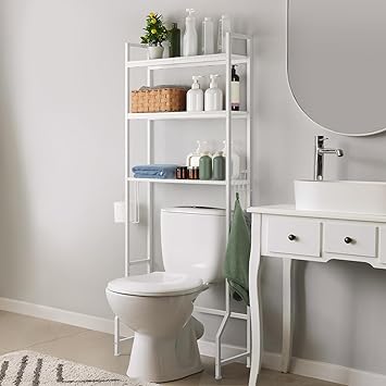 Over The Toilet Storage Rack 3 Tier Over Toilet Bathroom Organizer Wooden Behind The Toilet Storage Standing Shelf with 4 Hooks and Toilet Paper Holder, Space Saver, White