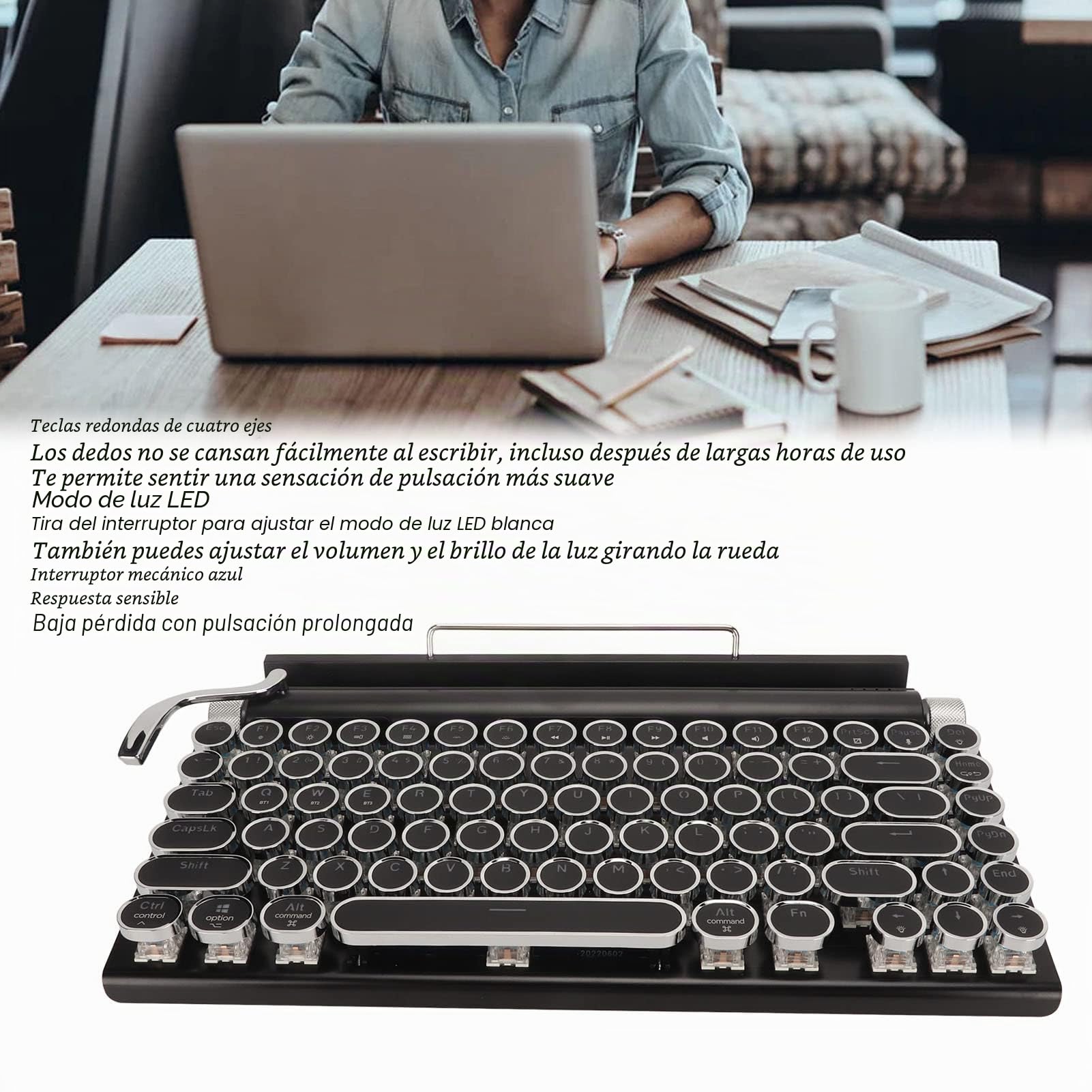 Annadue Teclado Retro para Máquina de Escribir, 83 Teclas, Teclado Mecánico, Luz RGB, Bluetooth Inalámbrico y con Cable, Teclado Vintage, Teclas Redondas Punk para PC, Tableta, Teléfono (Negro)