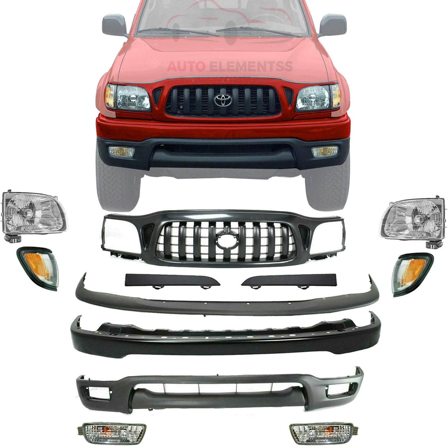 New Front Bumper Paintable Steel + Grille + Fillers + Upper + Lower Valance Panel Primed + Headlights + Corner & Signal Lamp Right & Left Side For 2001-2004 Toyota Tacoma 4WD Direct Replacement