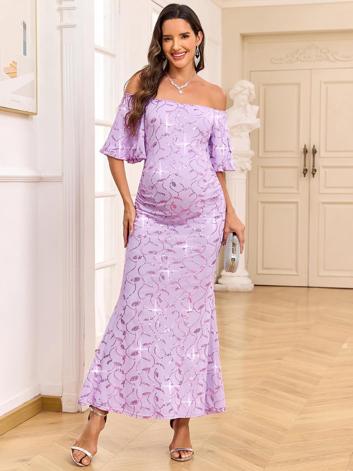 CYCLAMEN Off-Shoulder Sequin Maternity Evening Gown Puff Sleeves Formal Mermaid Maxi Dress for Baby Shower Photoshoot