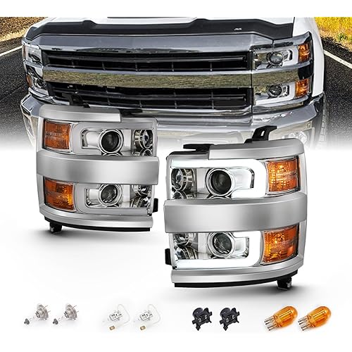AmeriLite for 2015-2019 Chevy Silverado 2500HD 3500HD Work Truck Chrome Quad Projector Headlights w/Dual LED Tube Replacement Assembly Set - Passenger and Driver Side