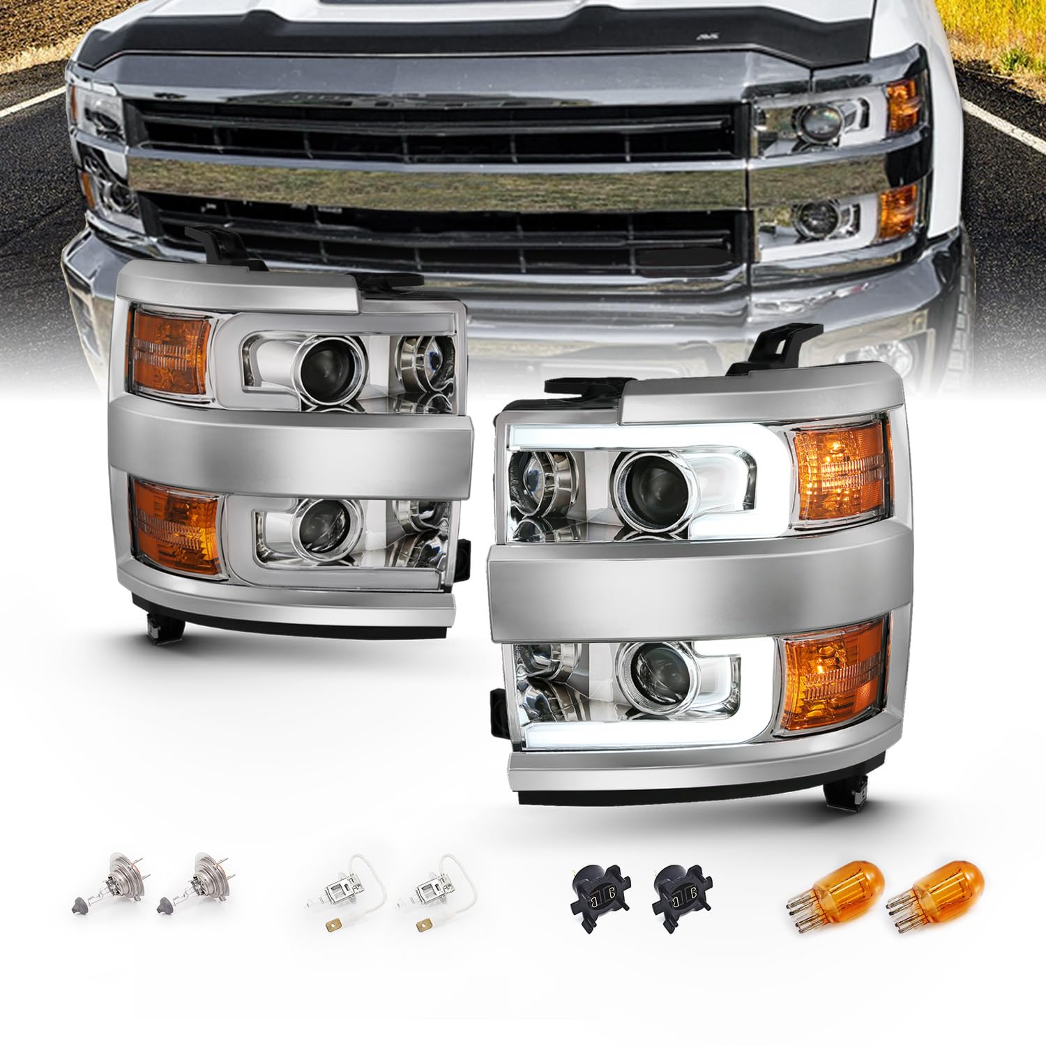 AmeriLite for 2015-2019 Chevy Silverado 2500HD 3500HD Work Truck Chrome Quad Projector Headlights w/Dual LED Tube Replacement Assembly Set - Passenger and Driver Side