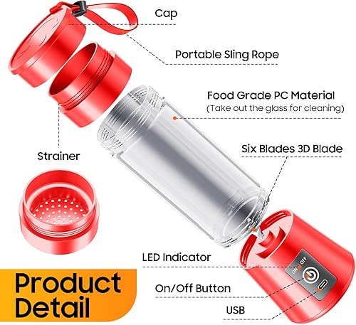 Miniatura 7 de Licuadora personal para batidos y batidos  Nueva actualización 2025, licuadora portátil inalámbrica USB-C, recargable, taza de jugo de 12.8 fl oz