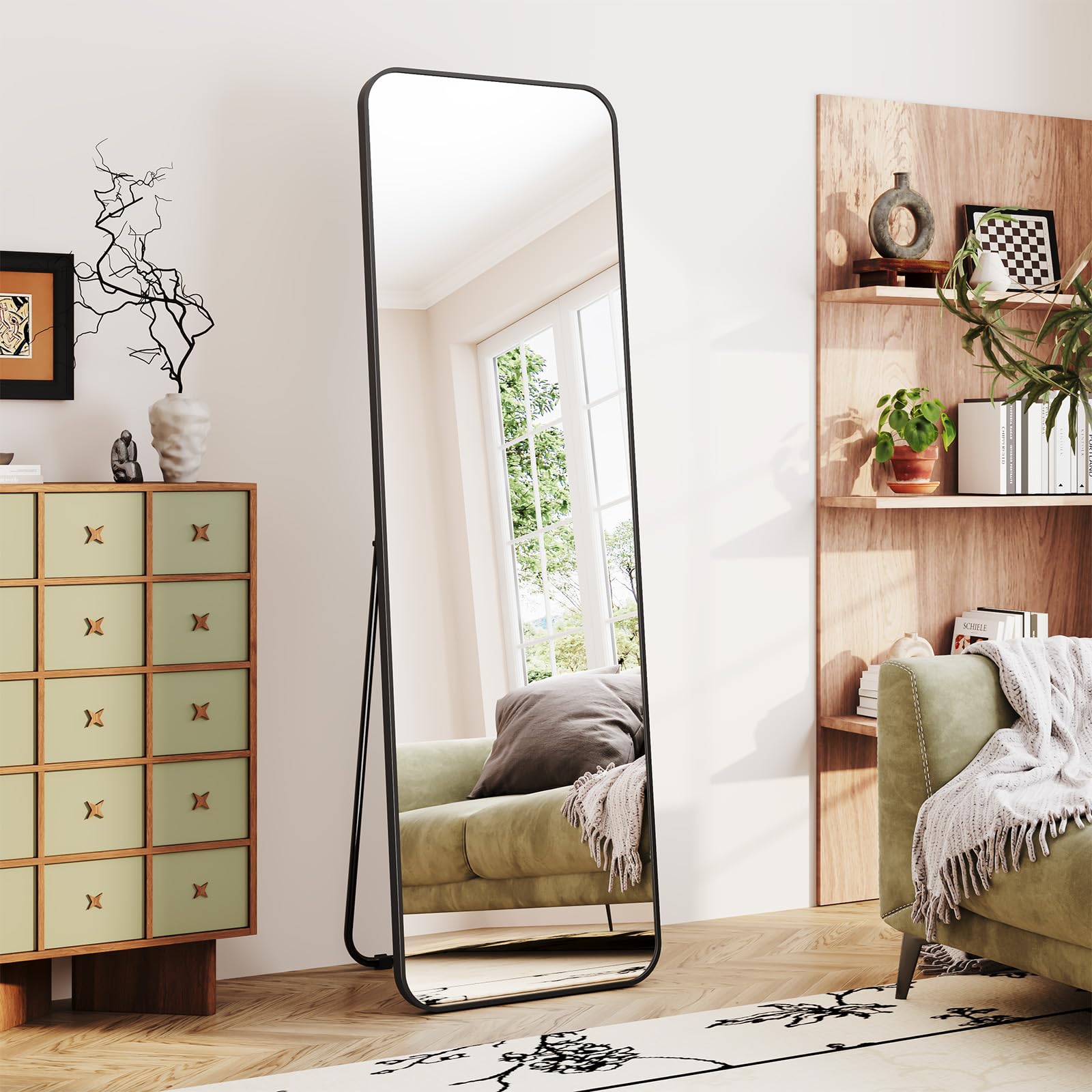 Dripex Grand Miroir 150x40cm Coins Arrondis Miroir Pied Suspendu Cadre Alliage Aluminium Noir