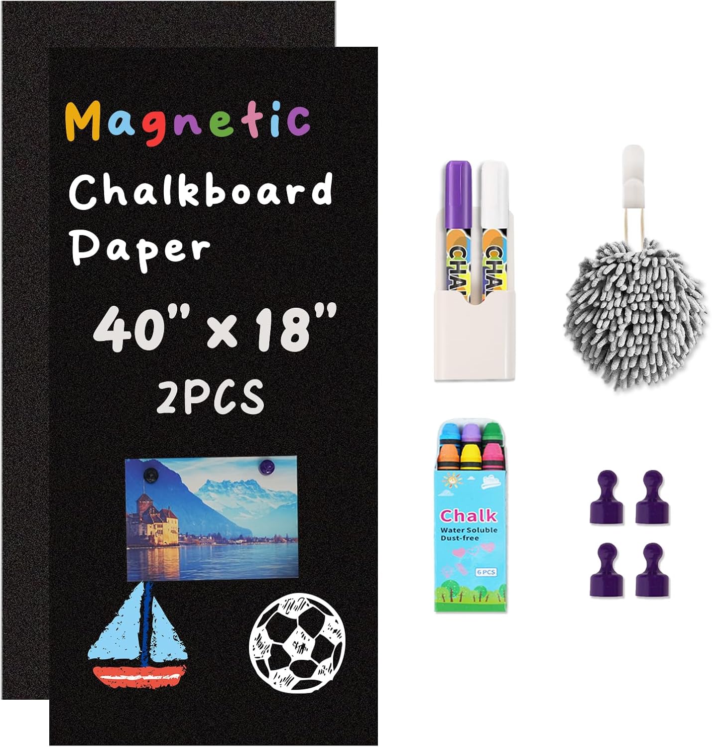 2-Pack, 40" x 18" Magnetic Chalkboard for Wall Self Adhesive Blackboard Sheet Peel and Stick Chalk Board Sticker Roll Ideal for Playroom Classroom School Home