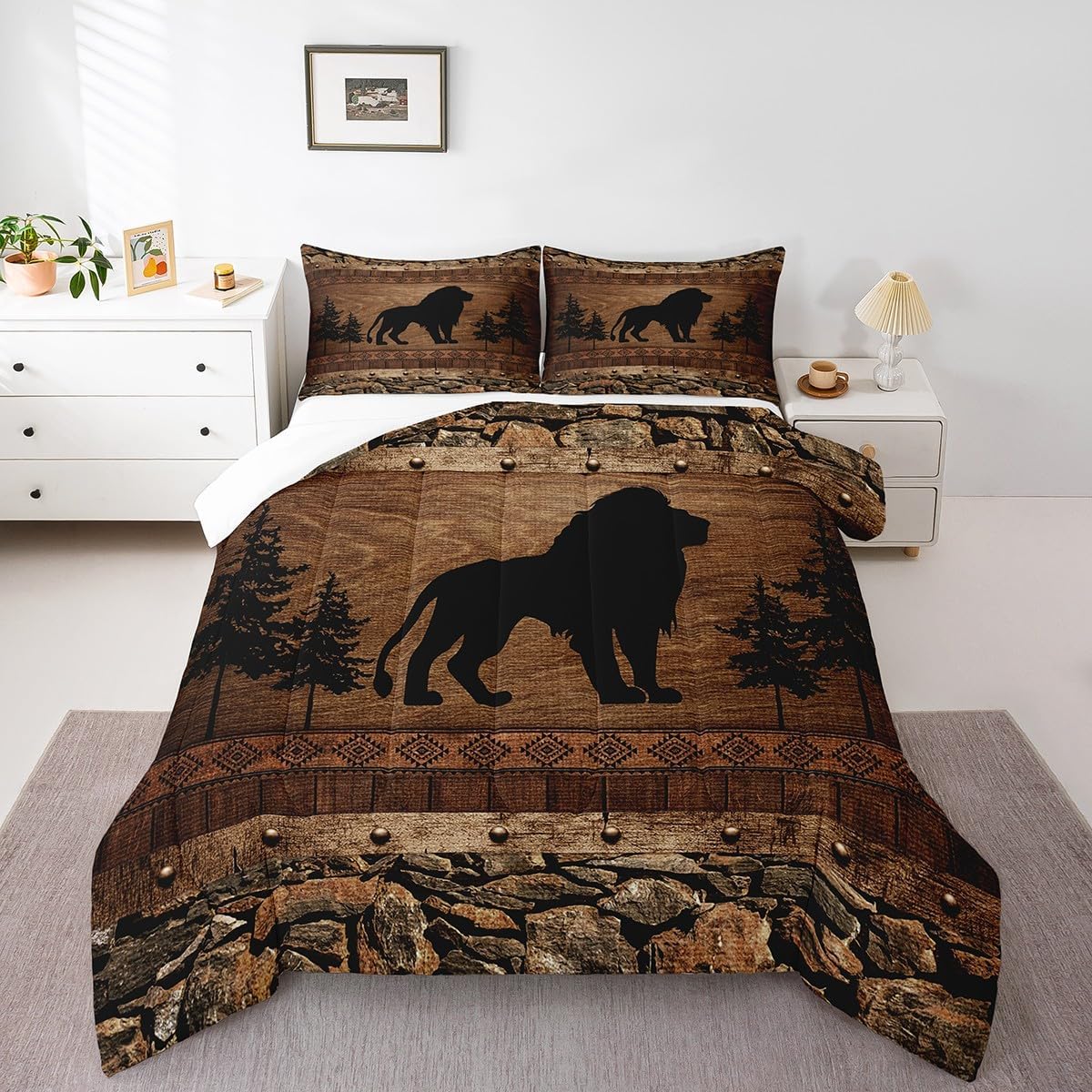 Manfei Lake House Comforter Set Queen Size, Brown Wooden Print Bedding Set for Kids Boys Teens Bedroom Decor, Rustic Farmhouse Down Comforter, Lightweight Duvet Insert,2 Pillowcases