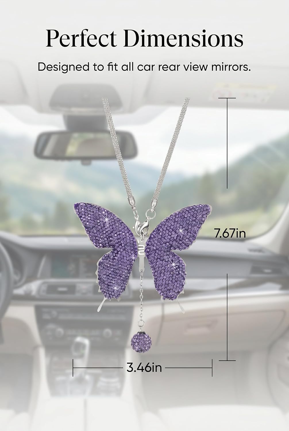 Butterfly Pendant Rear View Mirror Accessories, Rhinestone Metal Butterfly Car Mirror Hanging Ornament, Stylish Bling Car Decoration for Women, Universal for Most Cars (Purple) image 2