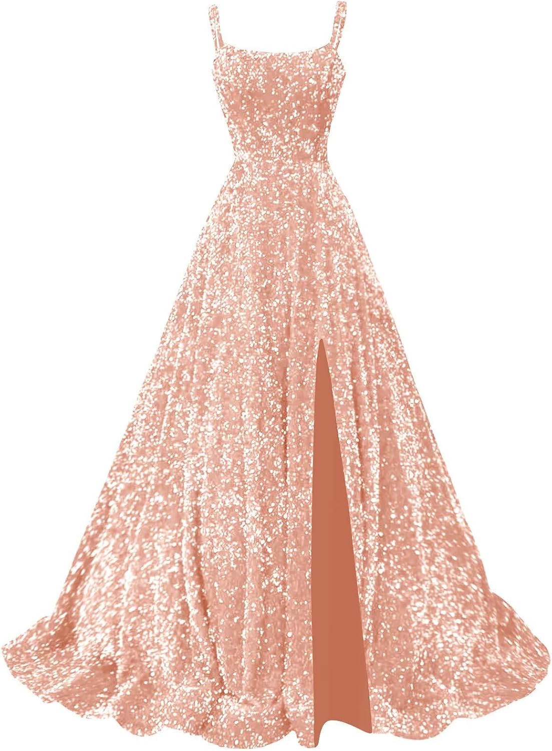 Sparkly Sequin Prom Dresses for Women with Slit Long Spaghetti Straps Ruched Formal Evening Ball Gowns