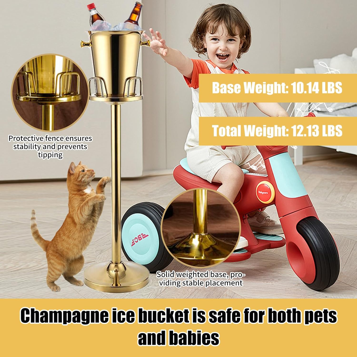 Gold Ice Bucket with Stand, large Champagne Ice Bucket 1.32 gal, Stainless Steel Ice Bucket, 3Ft Tall Ice Bucket for Cocktail Bar Parties