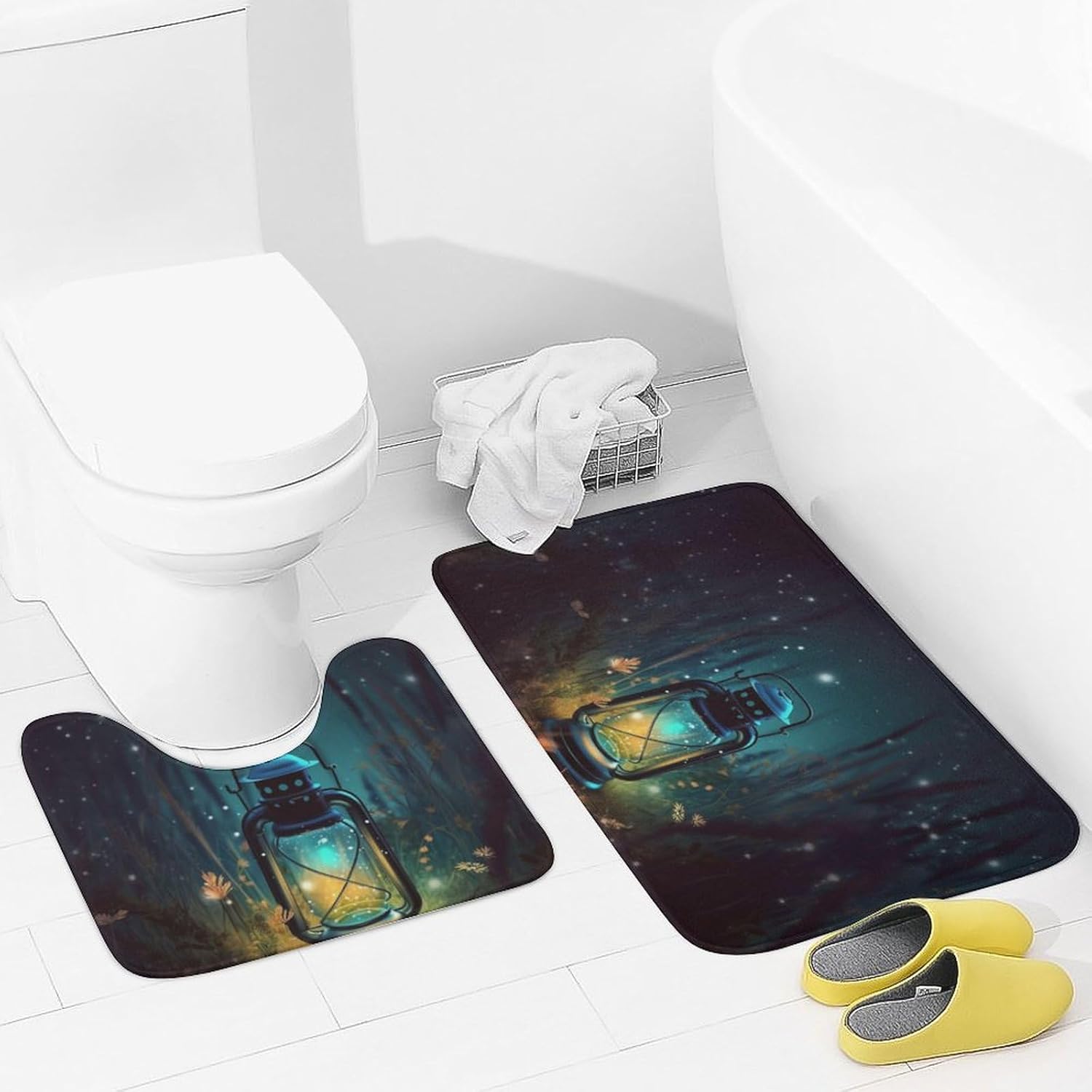 Coral Fleece Rug Set of 2, Fireflies and Lantern Printed Bathroom Rug U-Shaped Toilet Mat Soft Non-Slip Absorbent Mat for Bathroom Floor, Tub and Shower