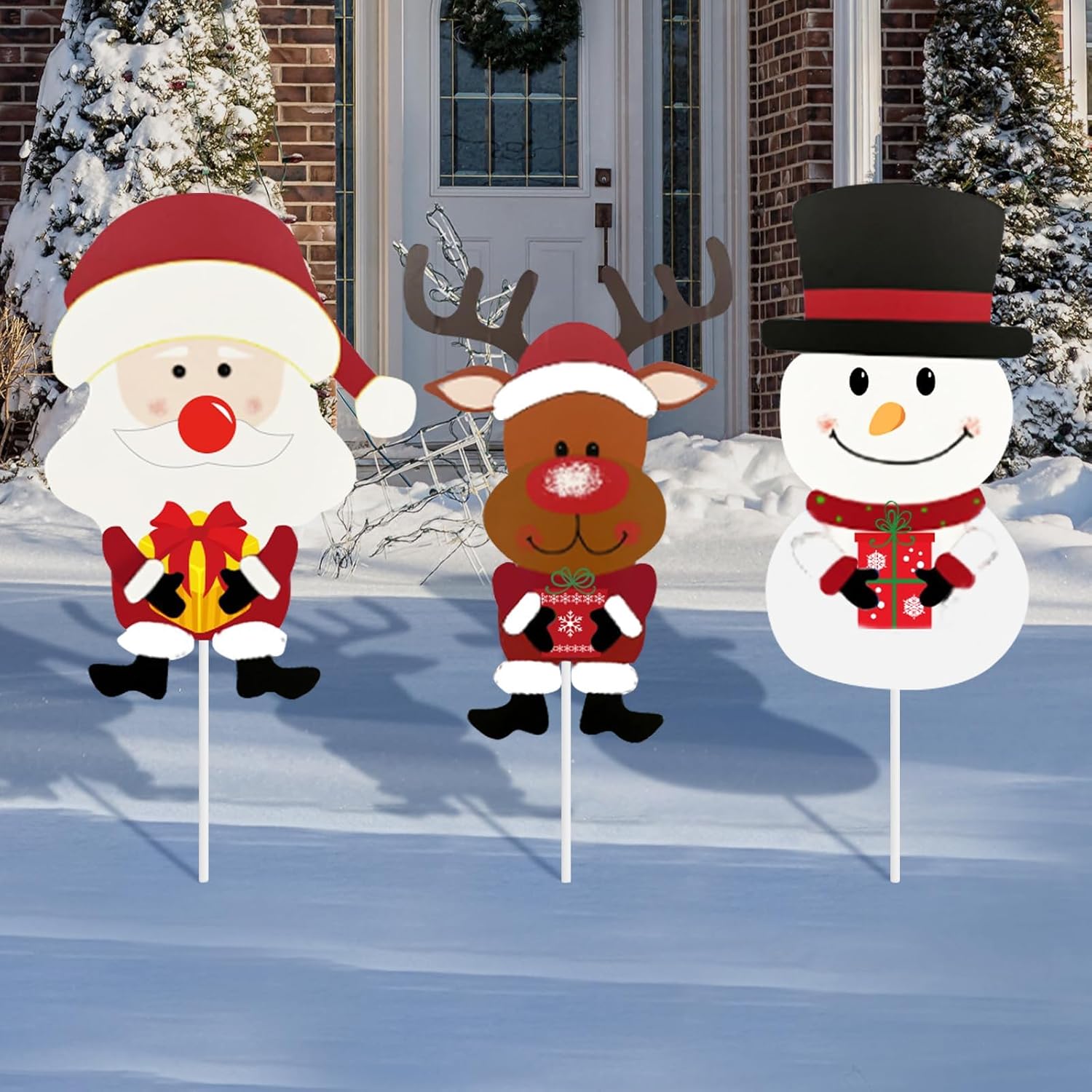 3 Pack 23.3 Inches Christmas Yard Signs with Stakes, Metal Standing Reindeer, Santa Claus, and Snowman Yard Signs for Garden Decor, Outdoor Winter Xmas Ornaments for Home Front Door Lawn Decorations