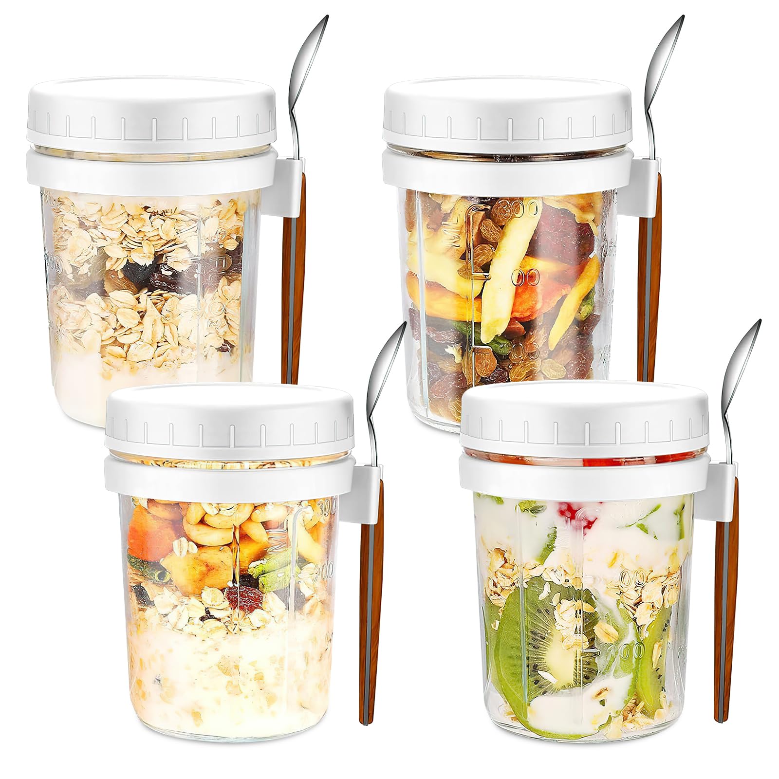 4 Pack Overnight Oats Containers with Lid and Spoon, 350ml Clear Glass Mason Jars for Overnight Oats Airtight Leak Proof Oatmeal Container Great for Cereal Fruit Milk Salad Yogurt Meal Prep (White)