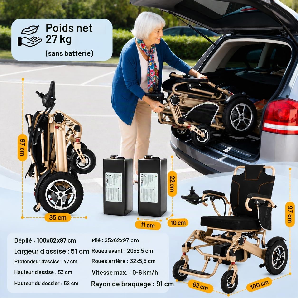 Fauteuil roulant électrique pliable télécommandé avec moteur de 700 W, léger et auto-pliant pour adultes, largeur d'assise 51 cm, équipé d'une housse et d'un sac à dos, capacité de charge de 150 kg