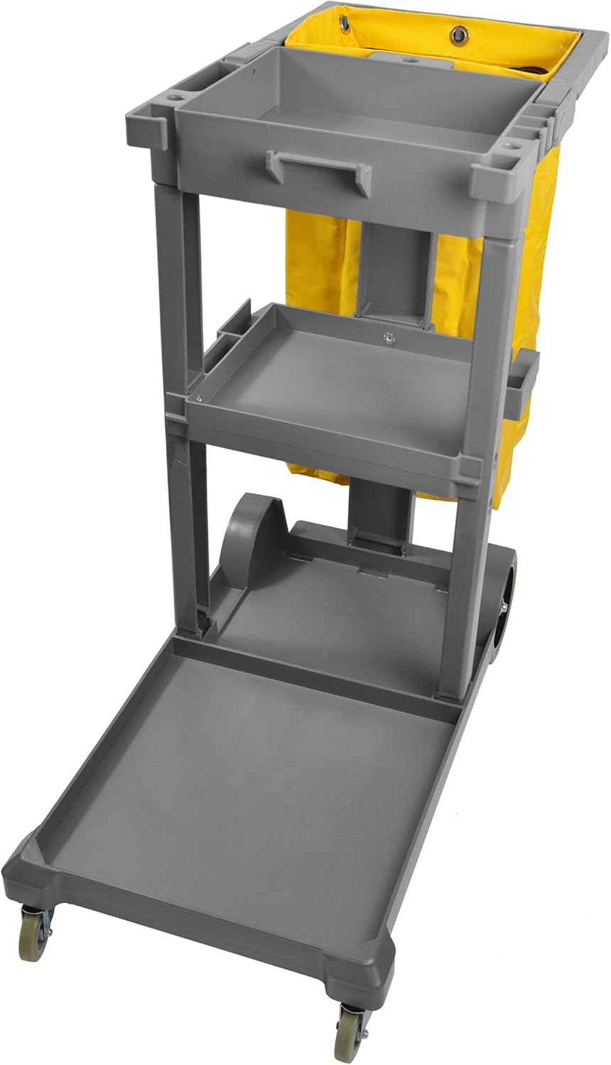 Janico 1050 Janitor Cart Commercial Housekeeping Utility Cart with 3 Shelfs, 25 Gallon Zippered Yellow Vinyl Bag, Grey, Pack of 1