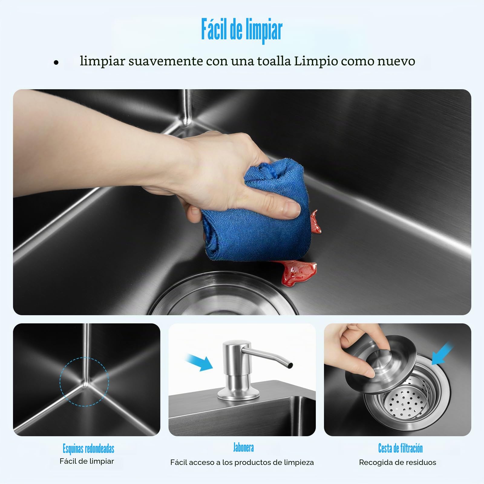 Fregadero doble de acero inoxidable de 78 x 43 cm, de acero inoxidable, doble, empotrable, rectangular, con escurridor y dispensador de jabón, adecuado para cocinas (negro)