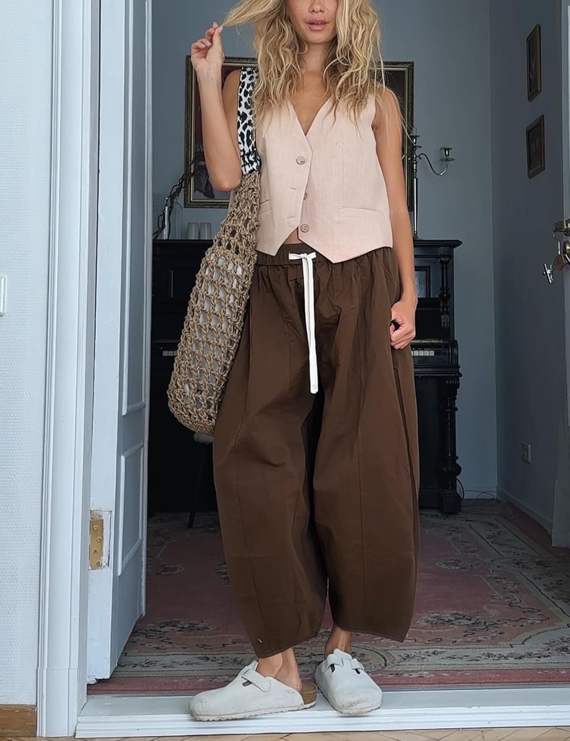 Wyeysyt Barrel Jeans Women Wide Leg Elastic Waistband Cotton Pants Baggy Palazzo Pants with Pockets(Brown-L) - Image 4