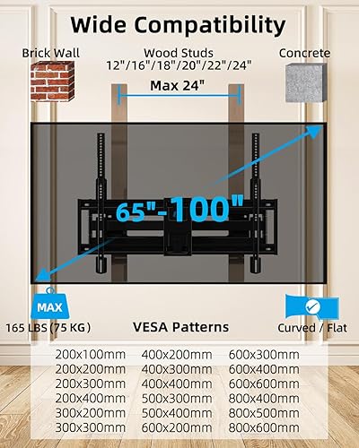 Miniatura 2 de HOME VISION Soporte de pared para TV de brazo largo de movimiento completo, se adapta a televisores planos o curvos de 75, 80, 85, 86, 98, 100