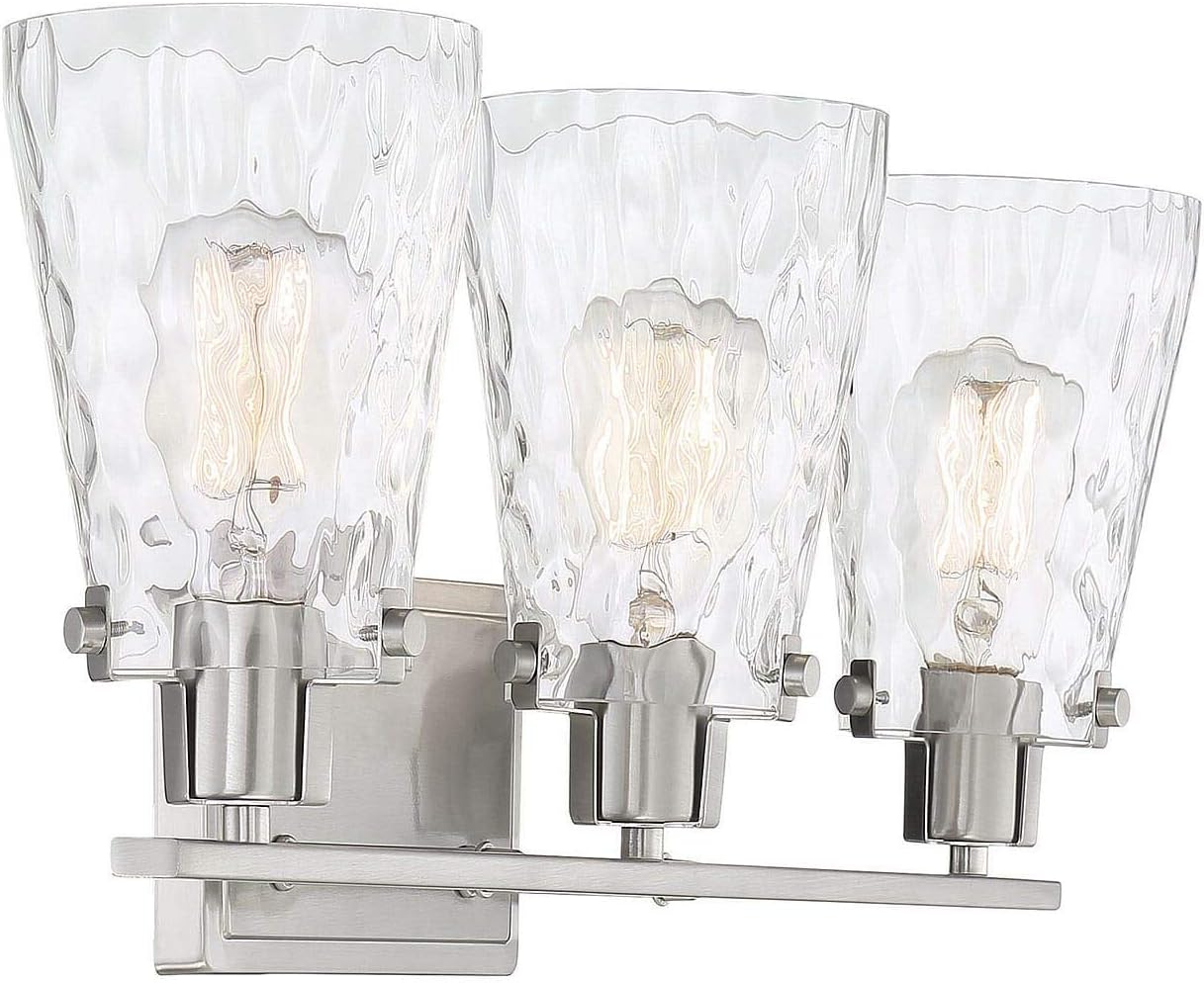 Savoy House 8-4508-3-SN Vaughan Modern Clear Water Glass Bathroom Vanity Wall Light, 3-Light 180 Total Watts, 9" H x 24" W, Satin Nickel