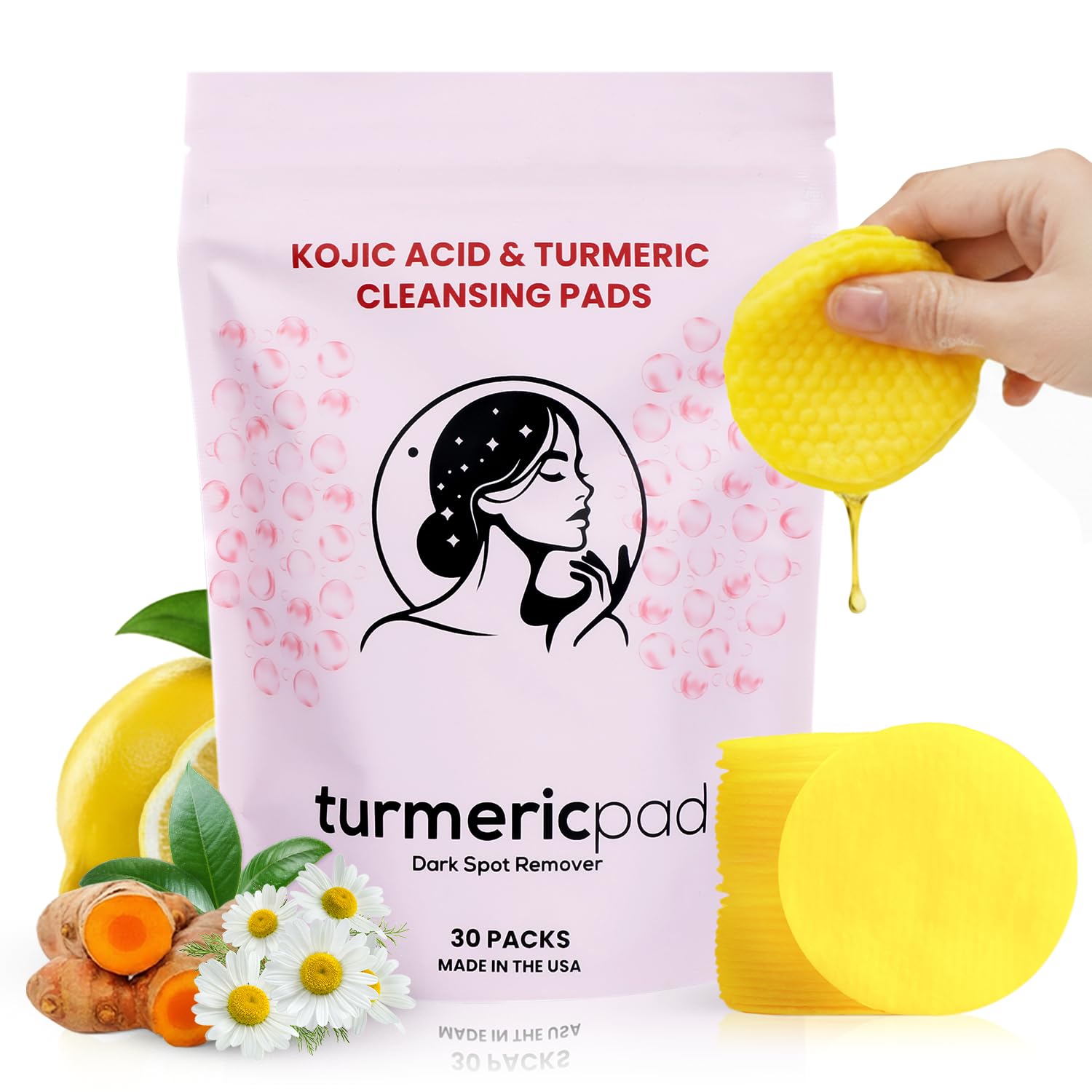 Turmeric Kojic Acid Cleansing Pads, 30 Count | Soothing Chamomile | Nourishing & Brightening, Oil Control & Even Skin Tone for All Skin Types