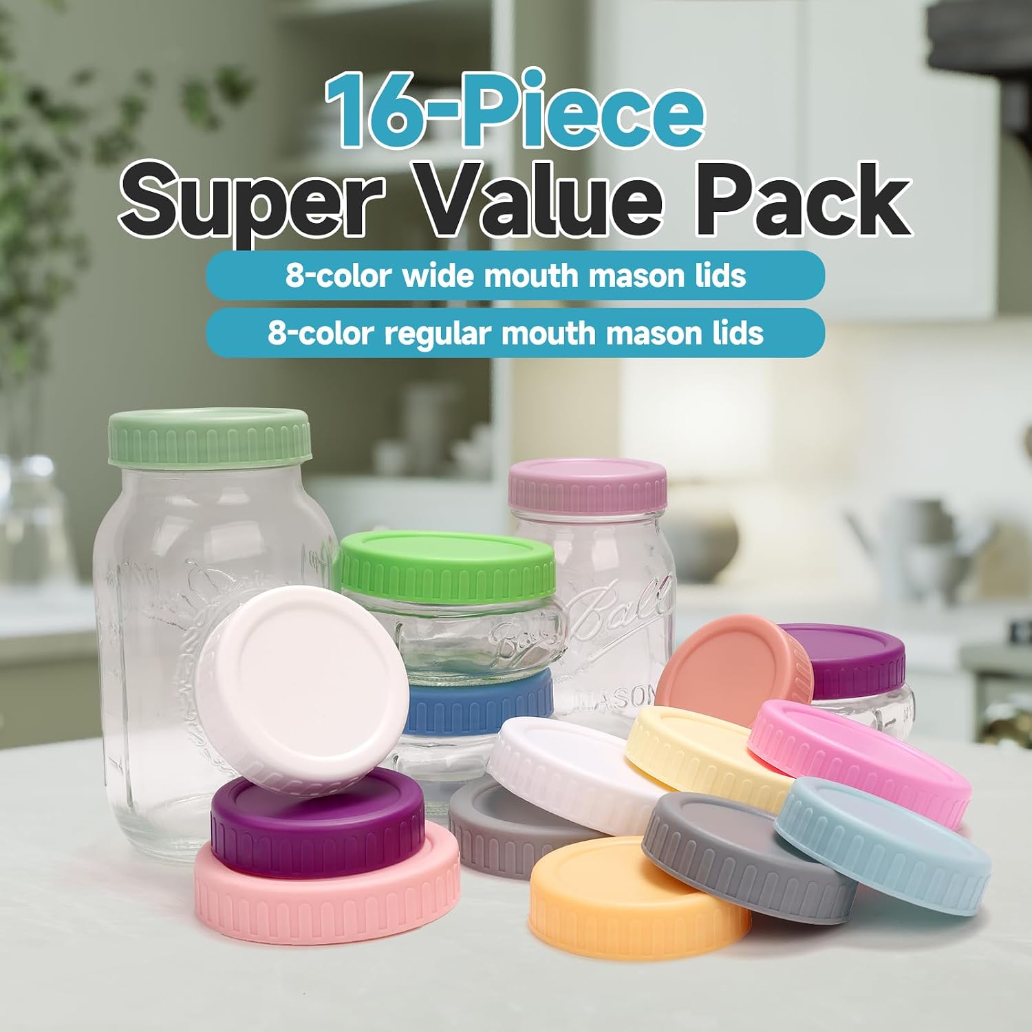 [16 Piece]8 Wide Mouth + 8 Regular Mouth Mason Jar Lids, Multi Color Plastic Lids for Mason Jars with Silicone Rings, Thickened Leak-Proof Canning Lids Regular Wide Mouth