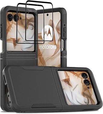 Jeylly for Moto Razr 2024/2025 Case with [2 Pack] Screen Protector, Black | 2 Pack Screen Protector, Dual Layer Heavy Duty Shockproof Protective Bumper Cover for Moto Razr 2024/2025