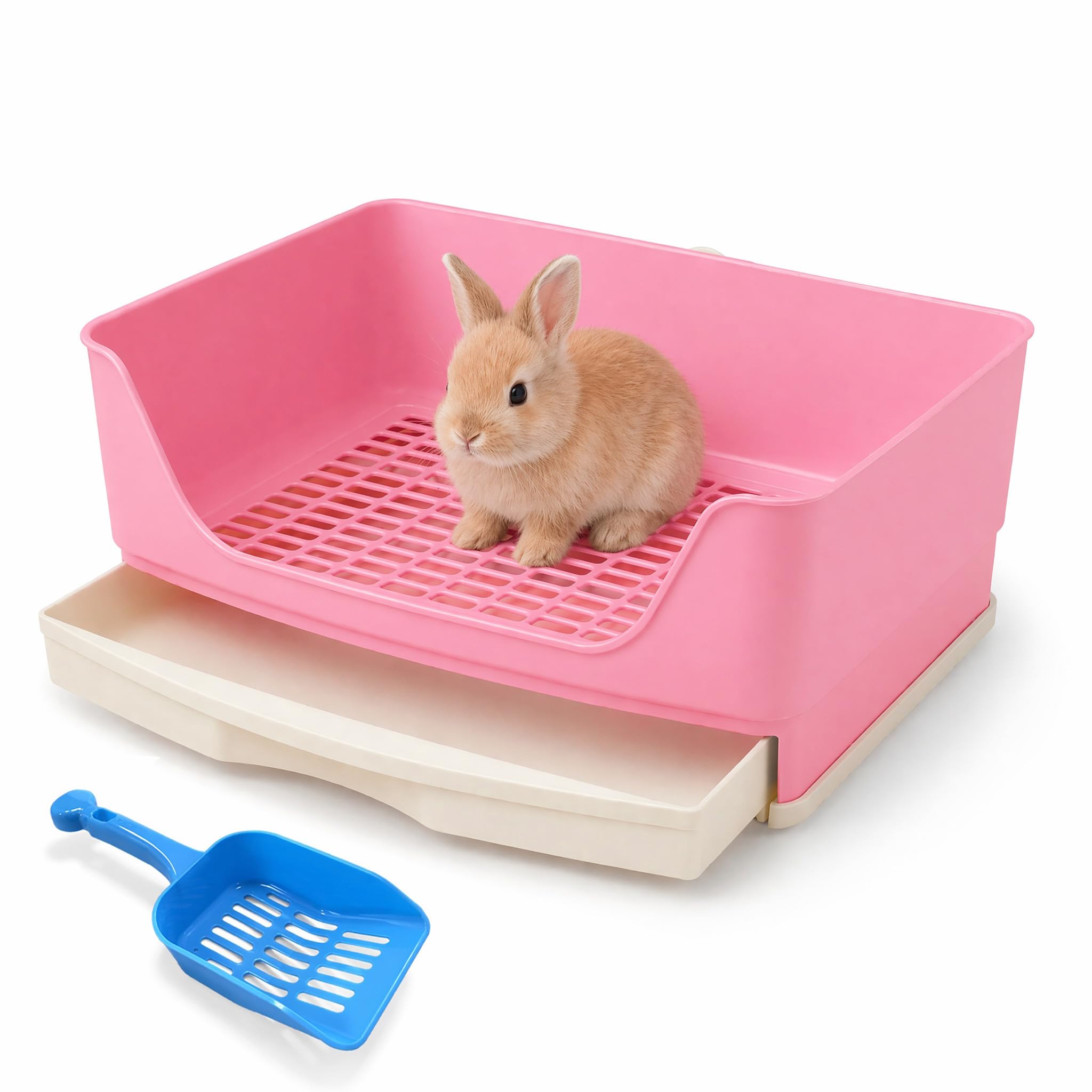 Exquilnova 40 X 30 X 16CM Rabbit Litter Tray,Rabbit Litter Box with Drawer Design,Guinea Pig Litter Tray with Litter Scoop,Rat Litter for Rabbits,Chinchillas,Guinea Pigs,Hamsters(Pink)