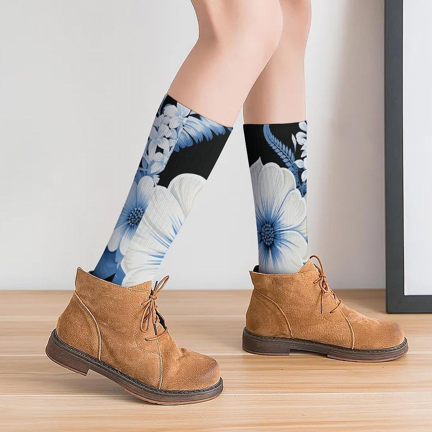 Breathable Crew Sock, Moisture Wicking, Athletic Calf Socks, Cozy | Blue And White Floral Pattern Compression Socks for Women Men, Lightweight High Work Socks for Business, Casual