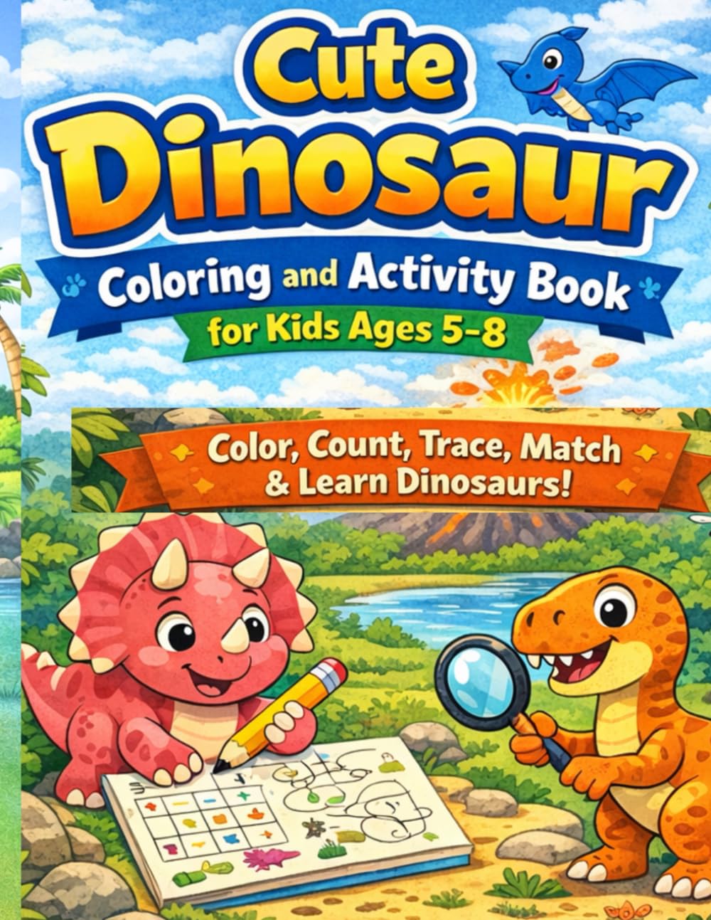 Cute Dinosaur Coloring and Activity Book for Kids Ages 5-8: Color, Count, Trace, Match and Learn Dinosaurs (Cute Dinosaur Coloring Book Series)