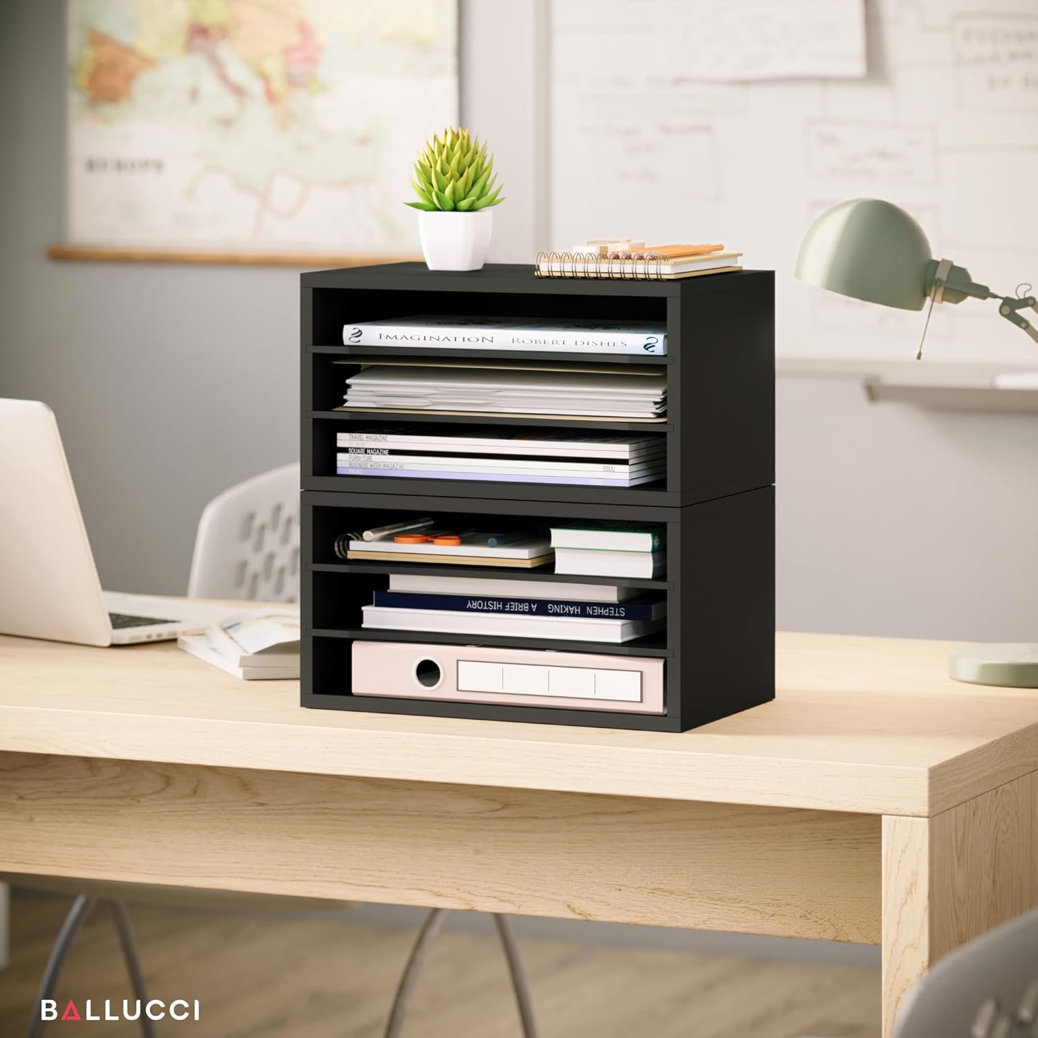 Ballucci Paper Organizer, 3-Tier Stackable Wood Desk Organizer, Document File Organizer and Mail Sorter with Adjustable Storage Shelves, Black