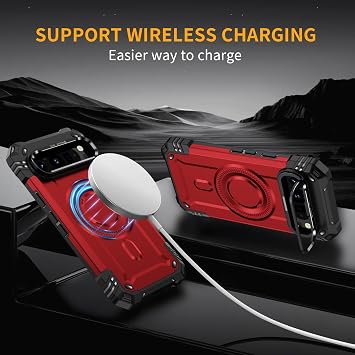 Google Pixel 9 Case, Bonkier Magsafe 15 Feet Military Grade Drop Protection Heavy Duty Shockproof Kickstand Case with Screen Protector & Lens Protector for Pixel 9 J Red