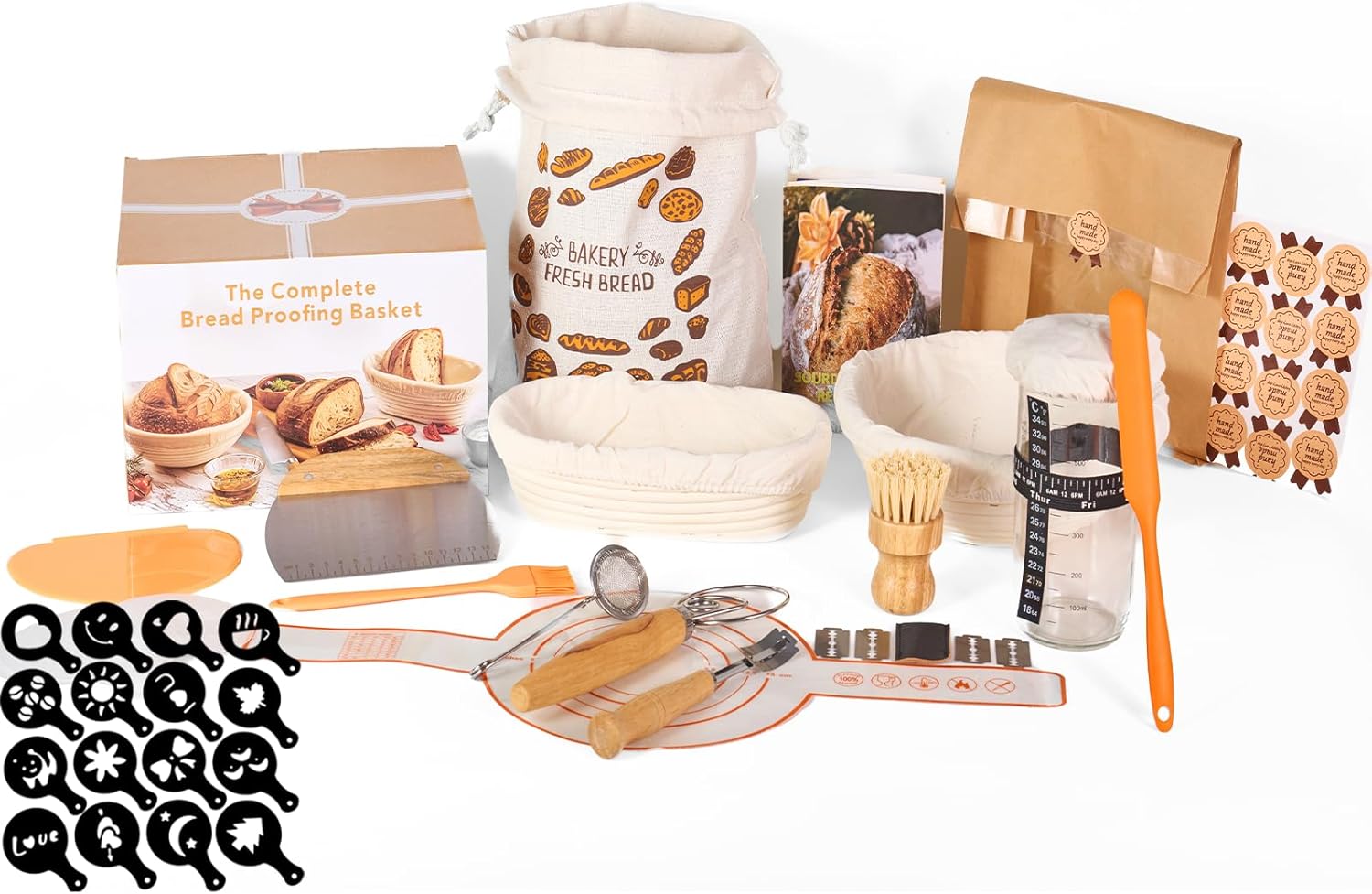 Sourdough Starter Kit Baking Supplies - Complete Sourdough Tools Including Proofing Basket, Danish Dough Whisk, Bread Sling, Sourdough Jar, Dough Cutter, Sourdough Bags, Bread Lame, Flour Duster