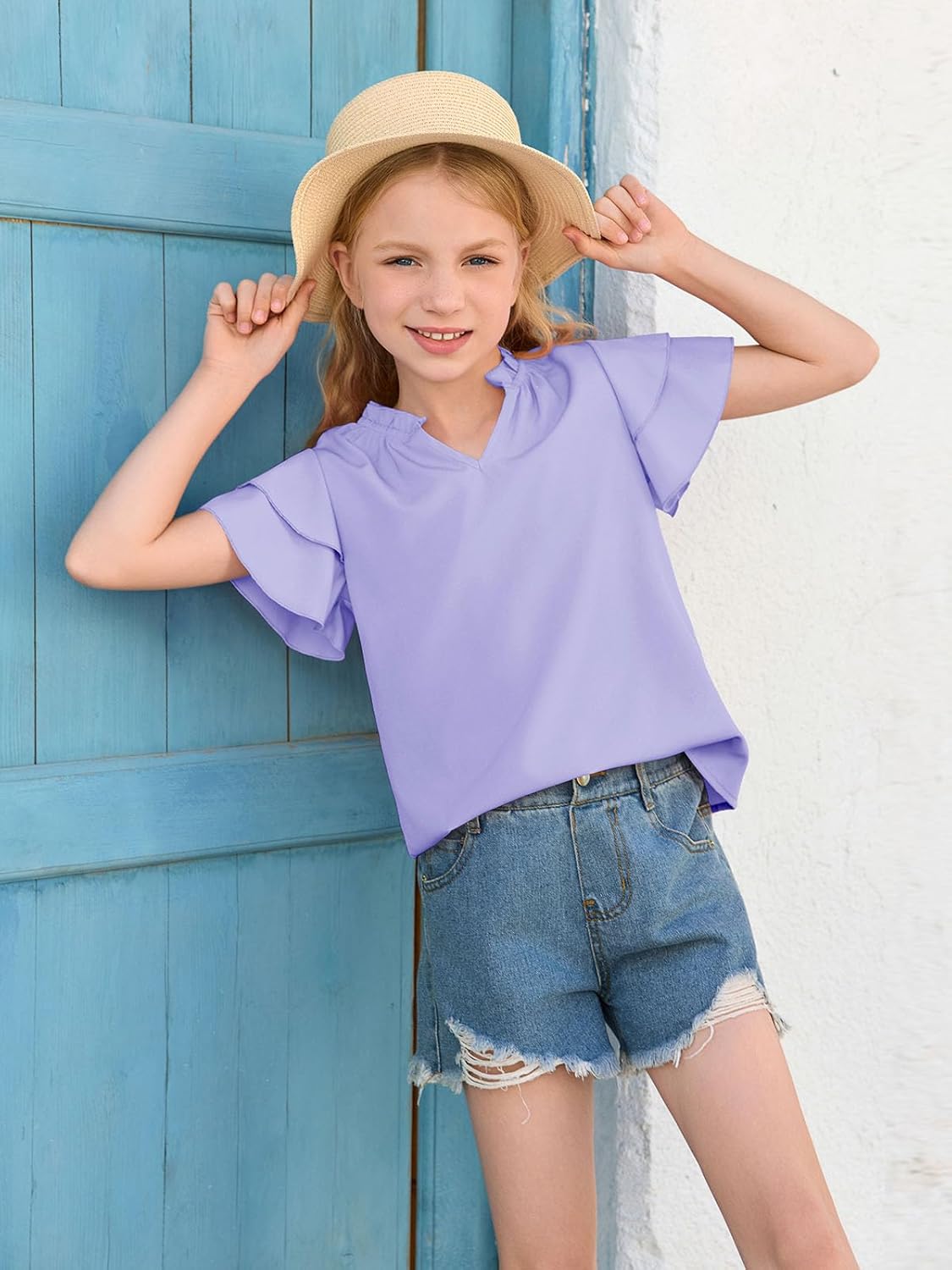 Haloumoning Girls Ruffle Short Sleeve T Shirts Casual V Neck Chiffon Blouse Cute Summer Tops 5-14Y - Image 5