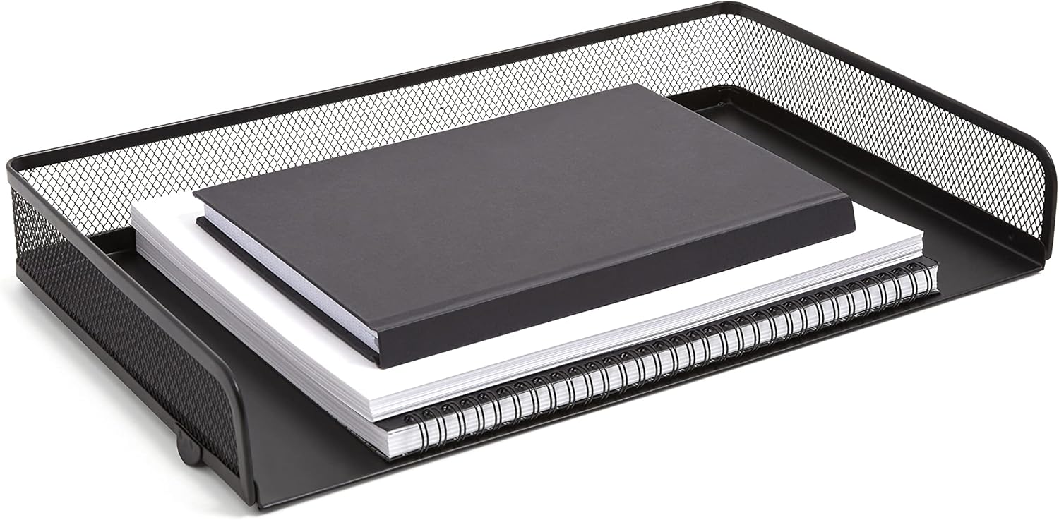 TRU RED Side‑Load Stackable Metal Letter Tray, Matte Black – Desktop Paper Organizer for Office Files & Documents